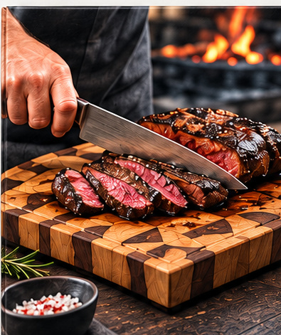 Carne de parrilla siendo cortada sobre una tabla de testa